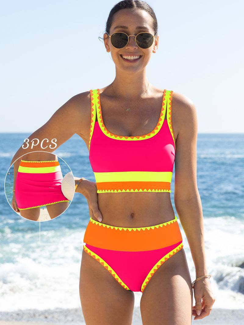 🌼Color Block Patchwork Nylon Sporty 3-Piece Bikini Set - High Waisted & Tummy Control Swimsuit👙🌈
