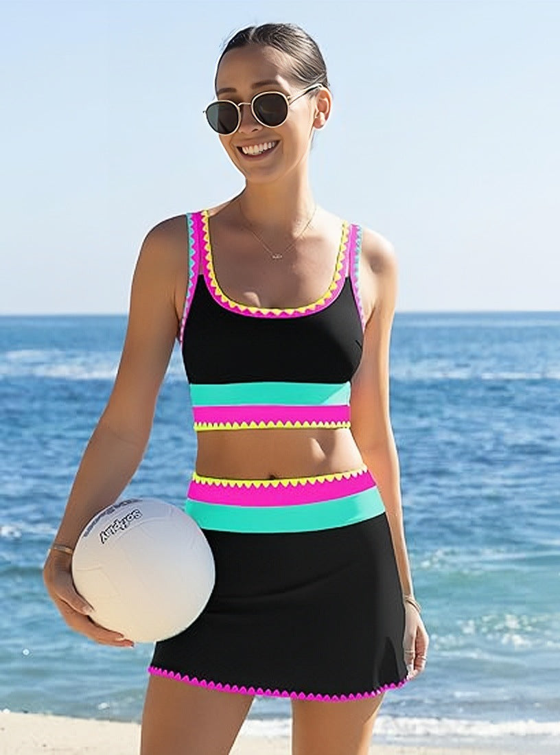 🌼Color Block Patchwork Nylon Sporty 3-Piece Bikini Set - High Waisted & Tummy Control Swimsuit👙🌈