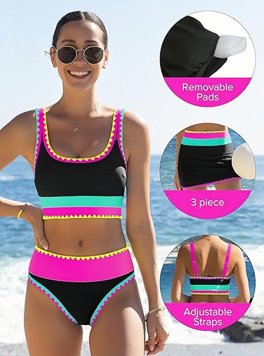 🌼Color Block Patchwork Nylon Sporty 3-Piece Bikini Set - High Waisted & Tummy Control Swimsuit👙🌈