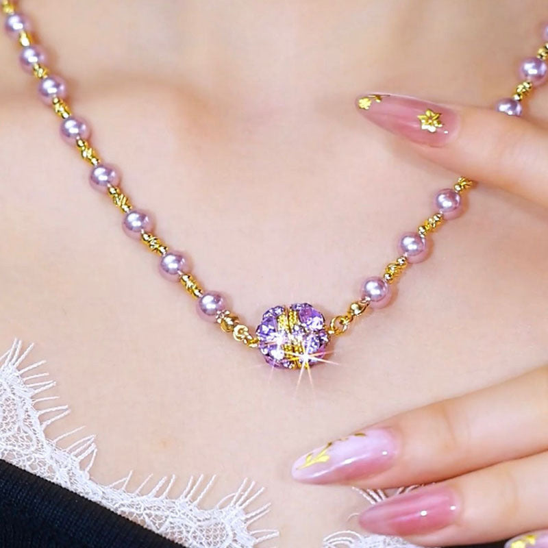 Sparkling Magnetic Rhinestone Balls Elegant Purple Pearl Necklace