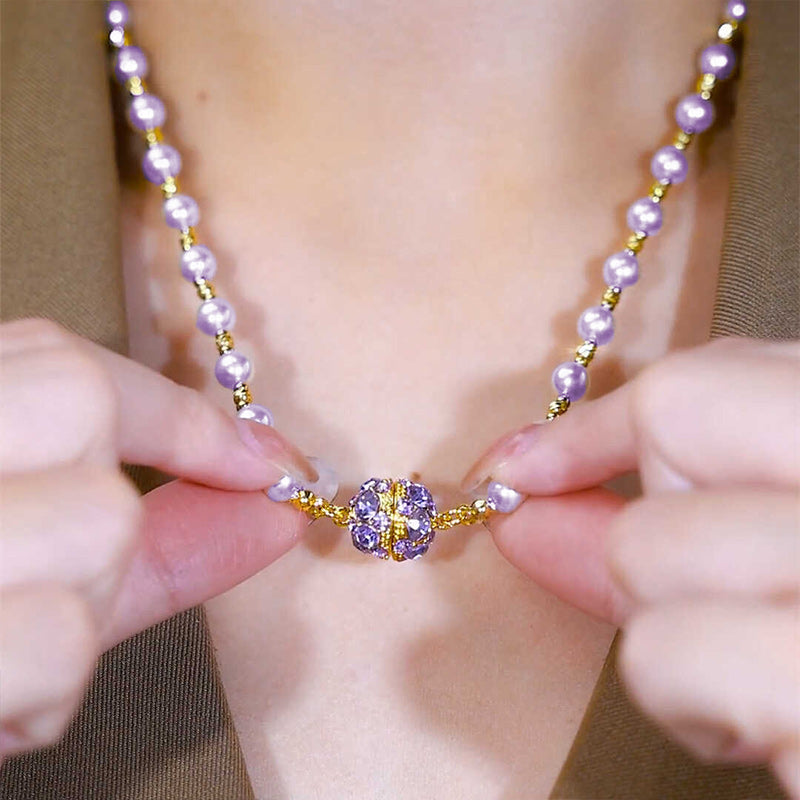 Sparkling Magnetic Rhinestone Balls Elegant Purple Pearl Necklace
