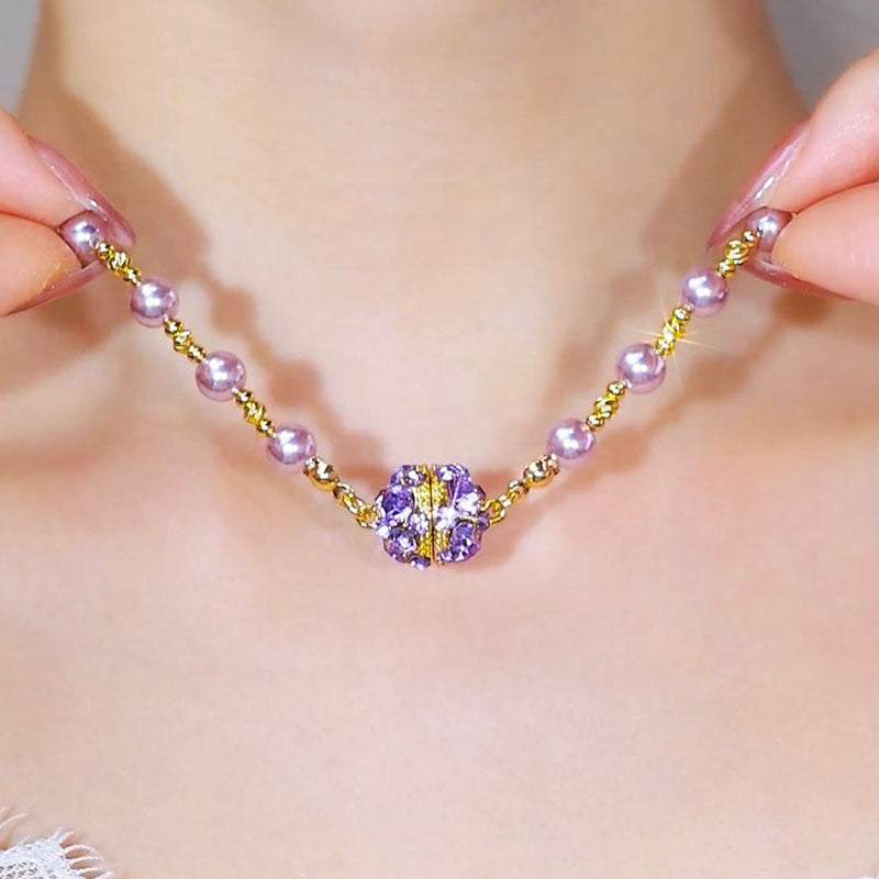 Sparkling Magnetic Rhinestone Balls Elegant Purple Pearl Necklace