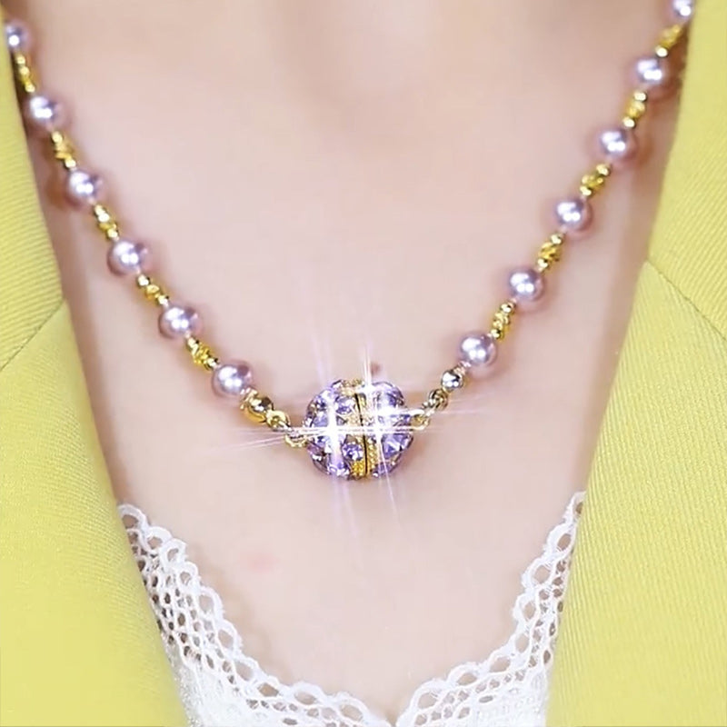 Sparkling Magnetic Rhinestone Balls Elegant Purple Pearl Necklace